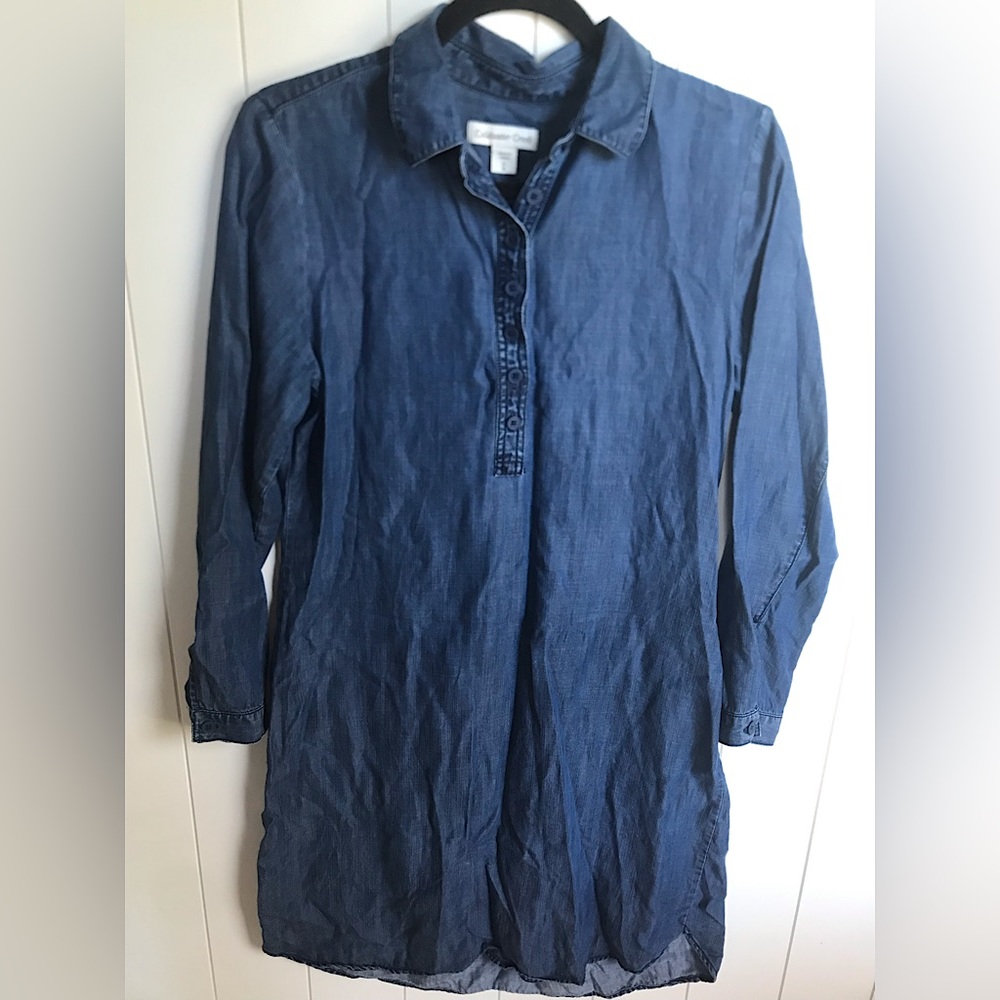 Light weight soft, blue denim dress, collar, long sleeve straight loose fit, S/8